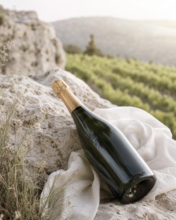 Champagne bottle resting on white linen over limestone above a sunlit vineyard