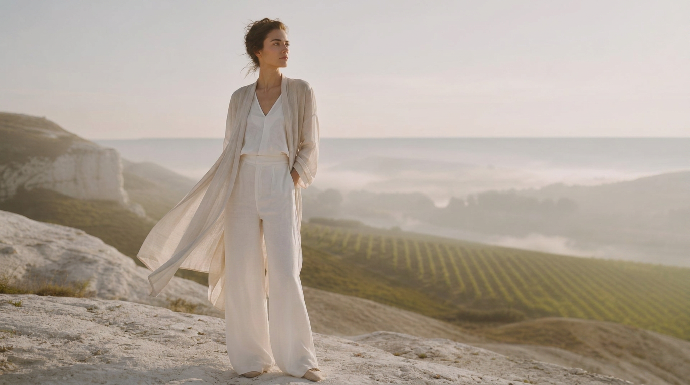Woman in flowing white linen and a sheer oatmeal coat standing on white cliffs above a misted vineyard valley at dawn